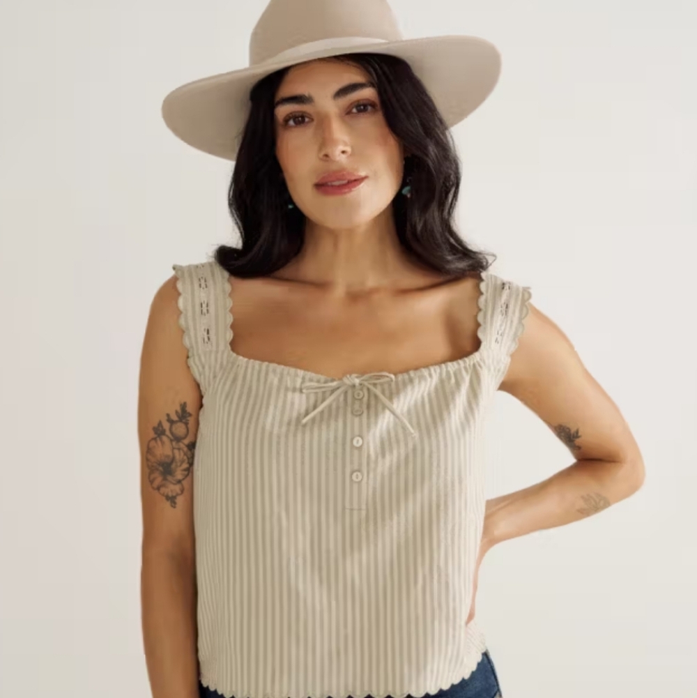 Tecovas Cream and Tan Striped Ruffle Strap Tank Top